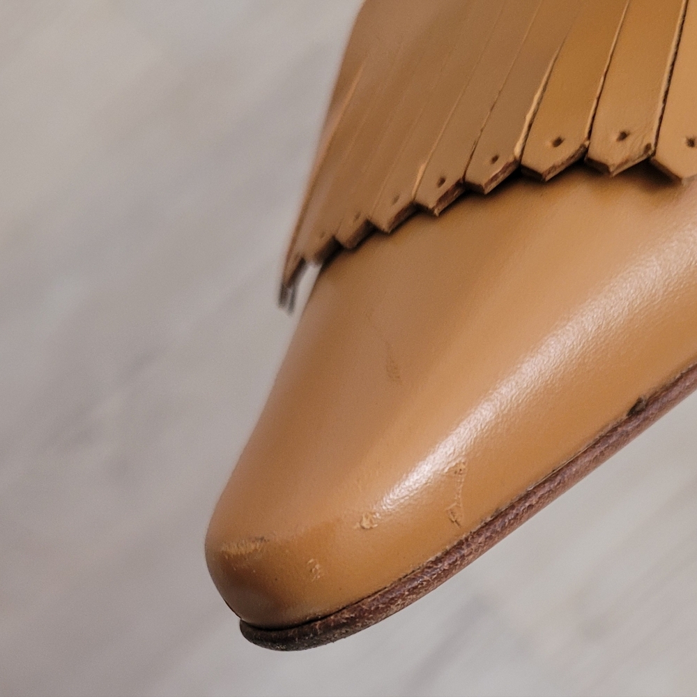 Salvatore Ferragamo Tan Leather Pointed Toe Fringe Pumps - Picture 10 of 10